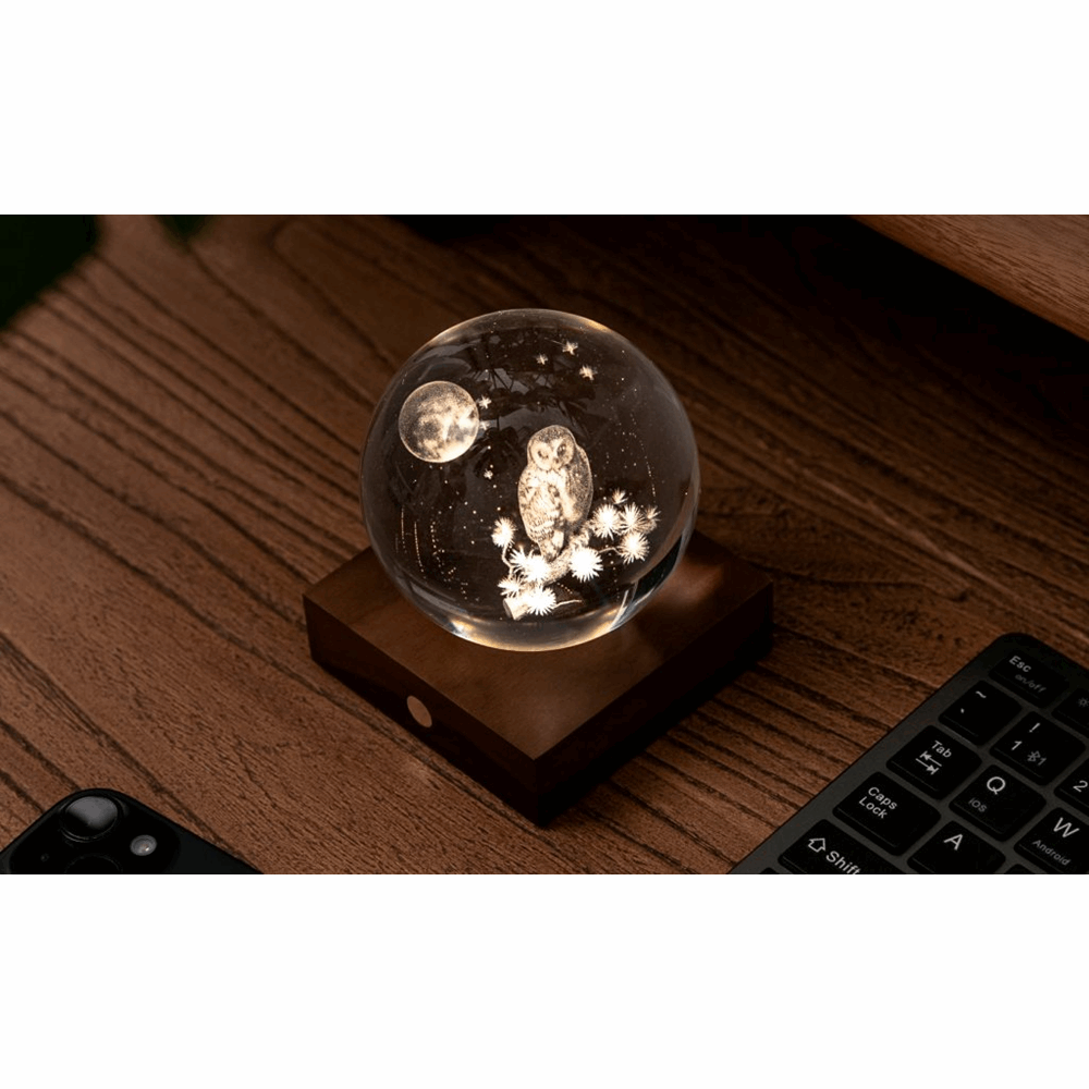 GINGKO AMBER CRYSTAL LIGHT 3D LASER THE OWL MOON G025OW