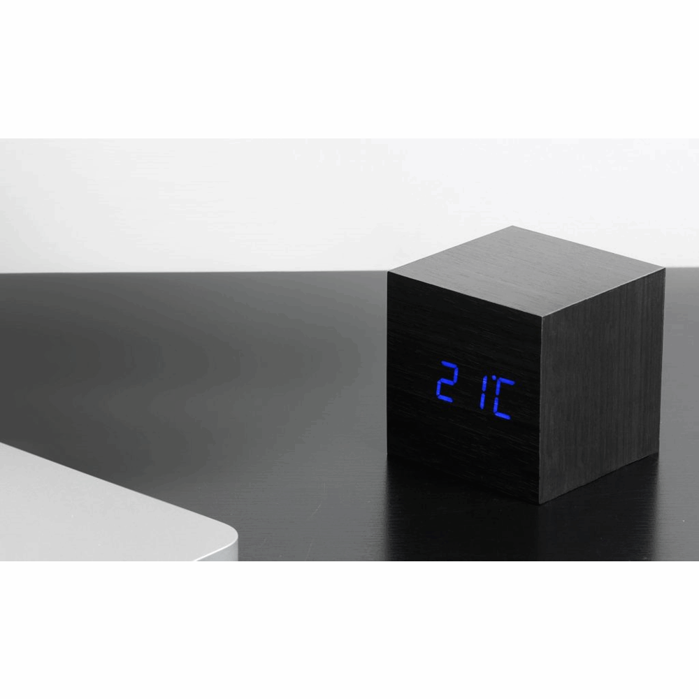 GINGKO WOODEN CUBE CLICK CLOCK BLACK/BLUE LED GK08B10