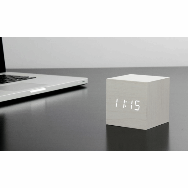 GINGKO WOODEN CUBE CLICK CLOCK NATURAL MARBLE WHITE GK08W5
