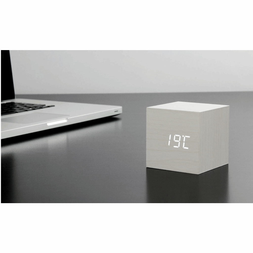 GINGKO WOODEN CUBE CLICK CLOCK NATURAL MARBLE WHITE GK08W5
