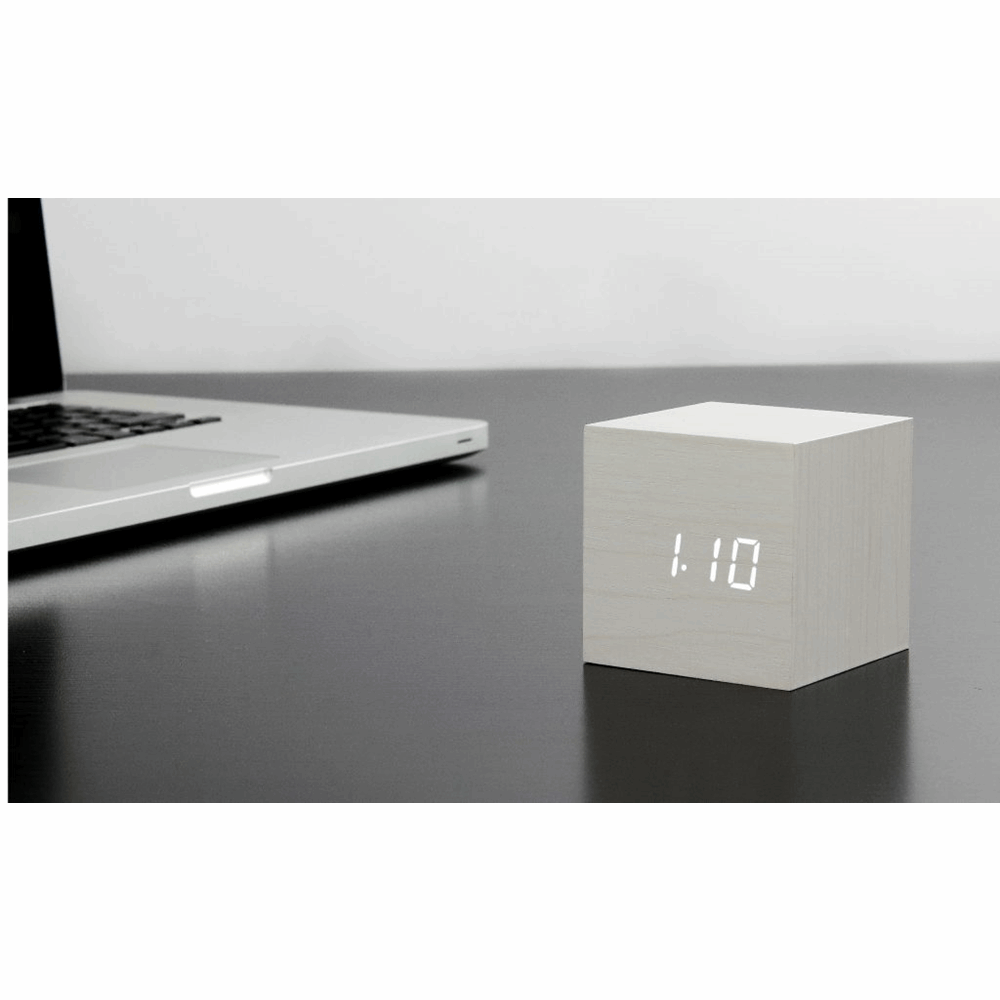 GINGKO WOODEN CUBE CLICK CLOCK NATURAL MARBLE WHITE GK08W5