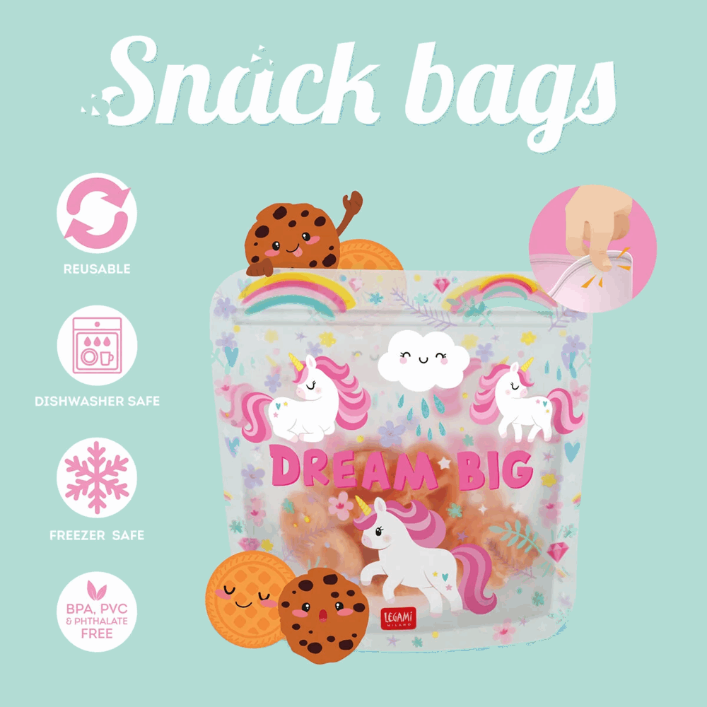 LEGAMI ZB0001 SNACK BAGS - SET OF 3 REUSABLE FOOD POUCHES -  UNICORN