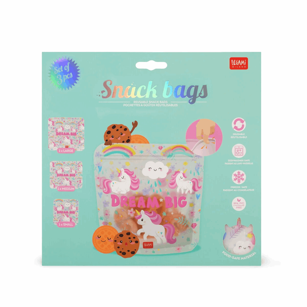 LEGAMI ZB0001 SNACK BAGS - SET OF 3 REUSABLE FOOD POUCHES -  UNICORN