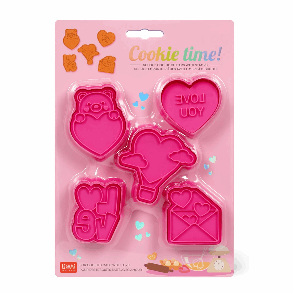 LEGAMI VCC0001 5 COOKIE CUTTERS WITH STAMPS - COOKIE TIME! - LOVE