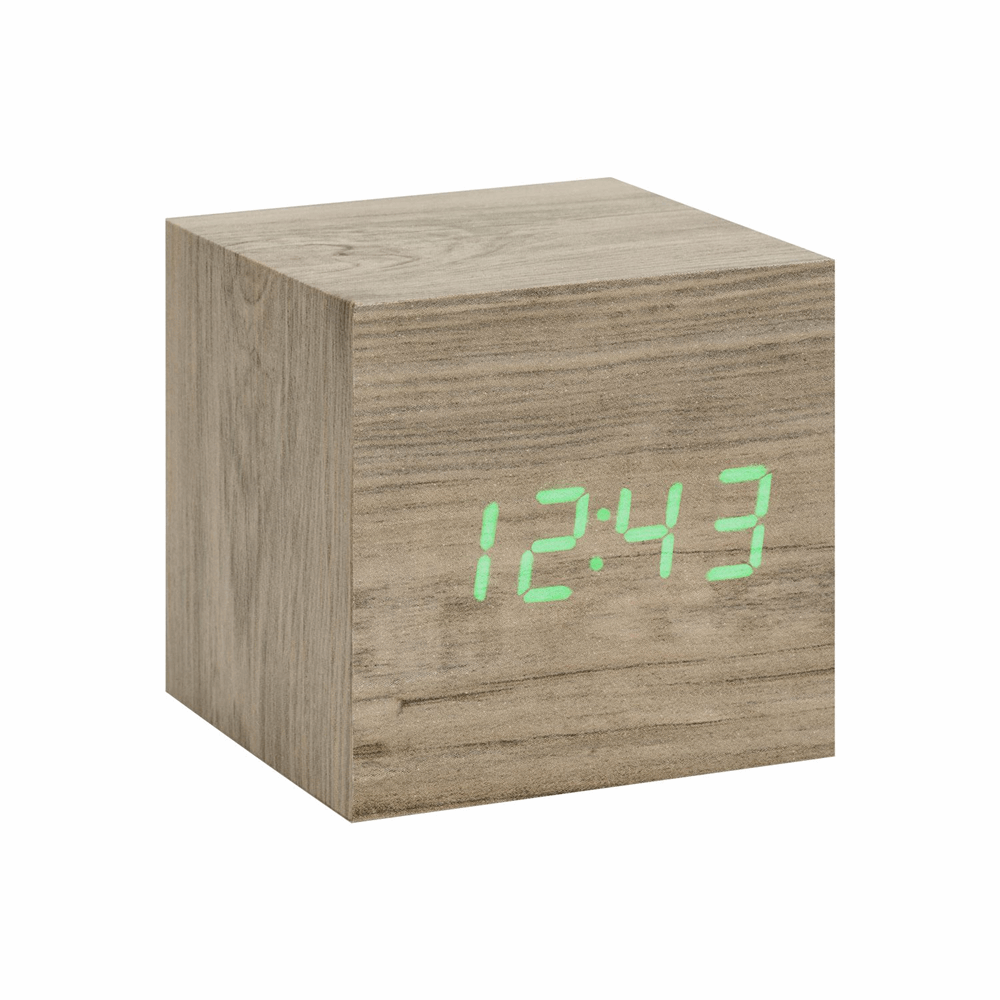 GINGKO GK08G12 WOODEN CUBE CLICK CLOCK ASH/GREEN LED