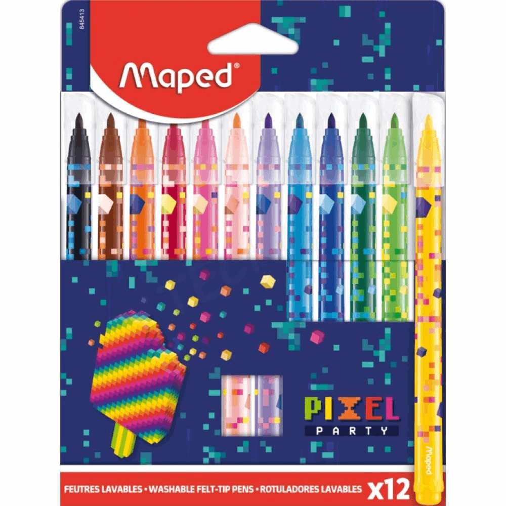 MAPED ΣΧΟΛΙΚΟΙ ΜΑΡΚΑΔΟΡΟΙ PIXEL PARTY ΜΕ ΜΕΛΑΝΙ ΜΕΓΑΛΗΣ ΔΙΑΡΚΕΙΑΣ 2,8mm ΣΕΤ 12τμχ WASHABLE 845413