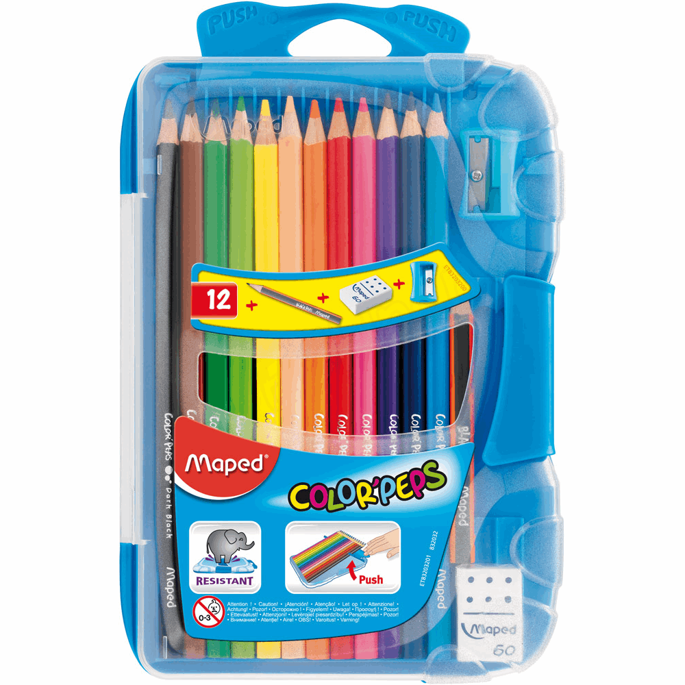 MAPED ΣΧΟΛΙΚΕΣ ΞΥΛΟΜΠΟΓΙΕΣ COLOR PEPS ΣΕΤ 12τμχ ΜΕ ΞΥΣΤΡΑ ΓΟΜΑ ΚΑΙ ΜΟΛΥΒΙ  ΣΕ ΠΛΑΣΤΙΚΗ ΘΗΚΗ 832032
