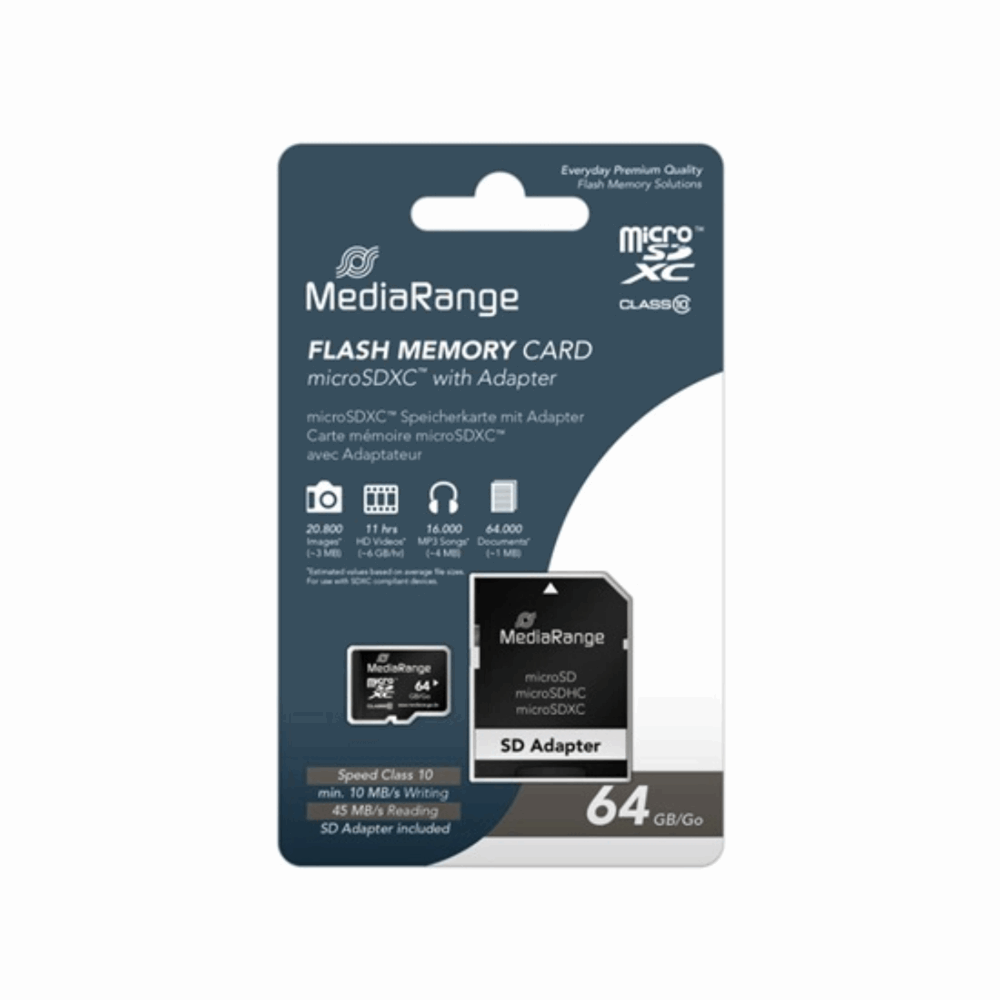 MediaRange Micro SDXC Class 10 With SD Adaptor 64 GB eXtended Capacity MR955
