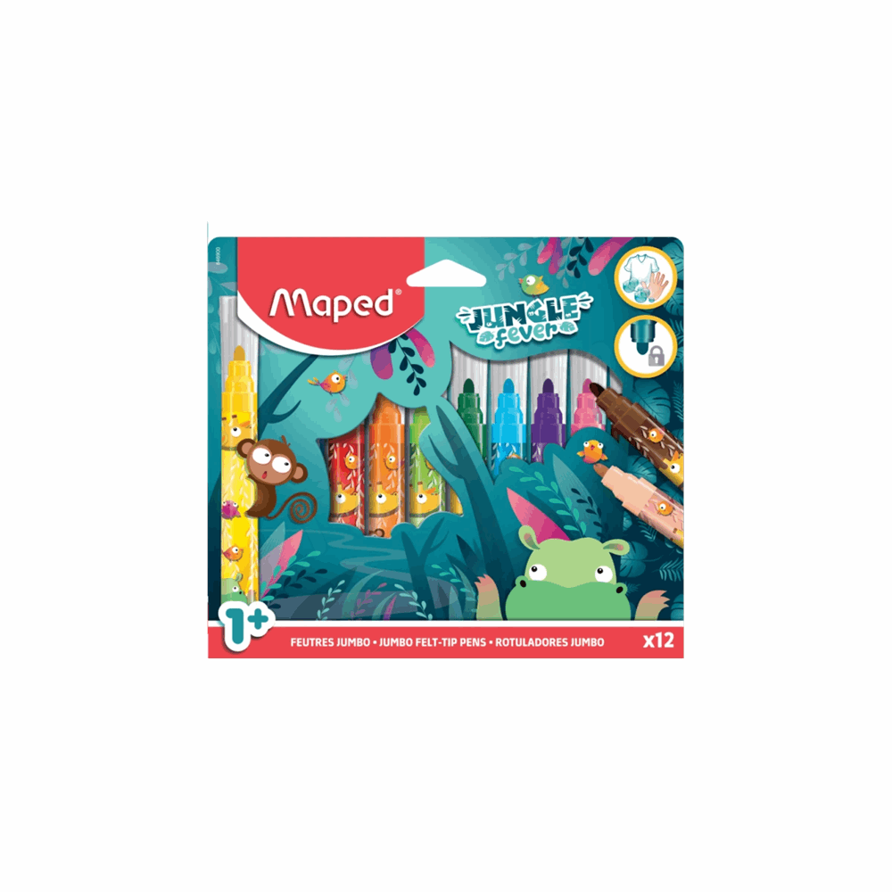 MAPED ΜΑΡΚΑΔΟΡΟΙ ΧΟΝΤΡΟΙ MAXI JUNGLE FEVER ΜΕ ΜΥΤΗ ΑΣΦΑΛΕΙΑΣ SUPERWASHABLE 12τμχ ΓΙΑ ΗΛΙΚΙΕΣ 1+ 846900