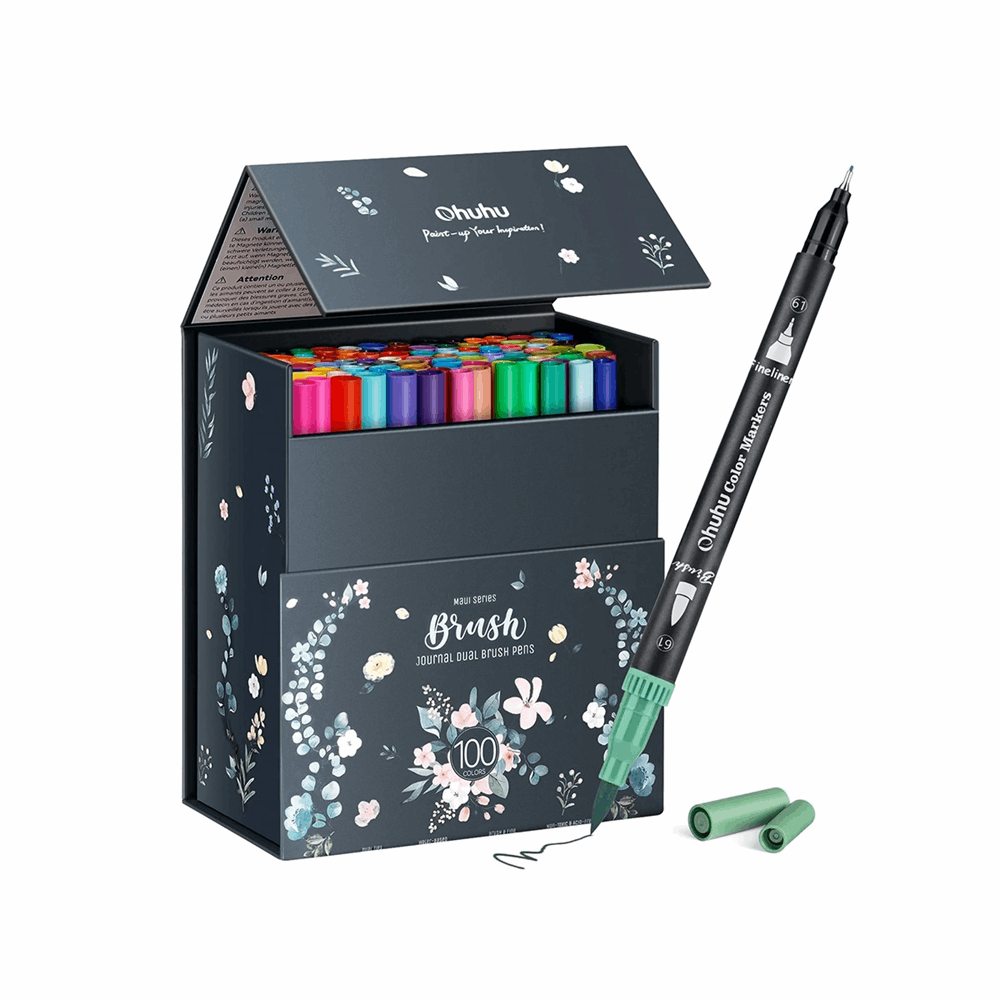 OHUHU ΜΑΡΚΑΔΟΡΟΣ ΖΩΓΡΑΦΙΚΗΣ ART BRUSH & FINELINER 0,4mm 100τμχ WATERBASED ΙΝΚ AQUARELLE EFFECT (BK)OHU-Y30-80600-39