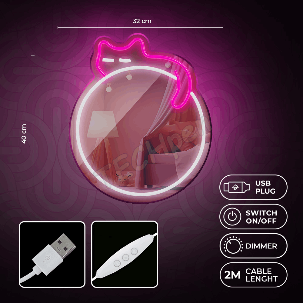 Forever - Neon Mirror LED Lamp - Sleeping Cat/White- Pink RTV200017