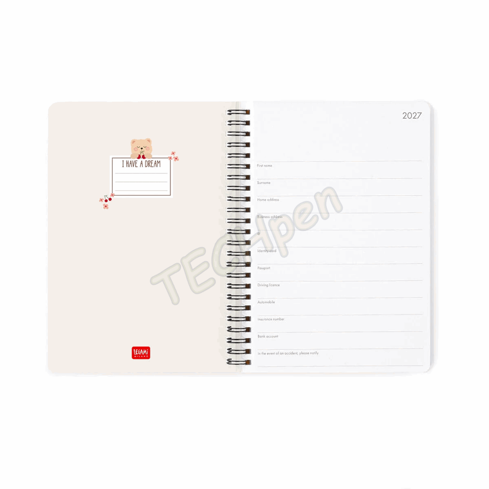 LEGAMI AG2712159 12-MONTH DIARY 2027 - TEDDY BEAR - CHERRY - WHITE - LARGE - WEEKLY SPIRAL