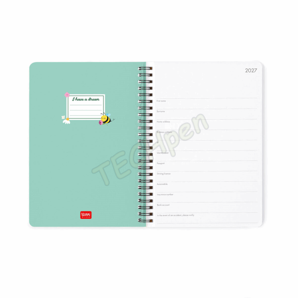 LEGAMI AG2712160 12-MONTH DIARY 2027 - BEE - GREEN - LARGE - WEEKLY SPIRAL BOUND