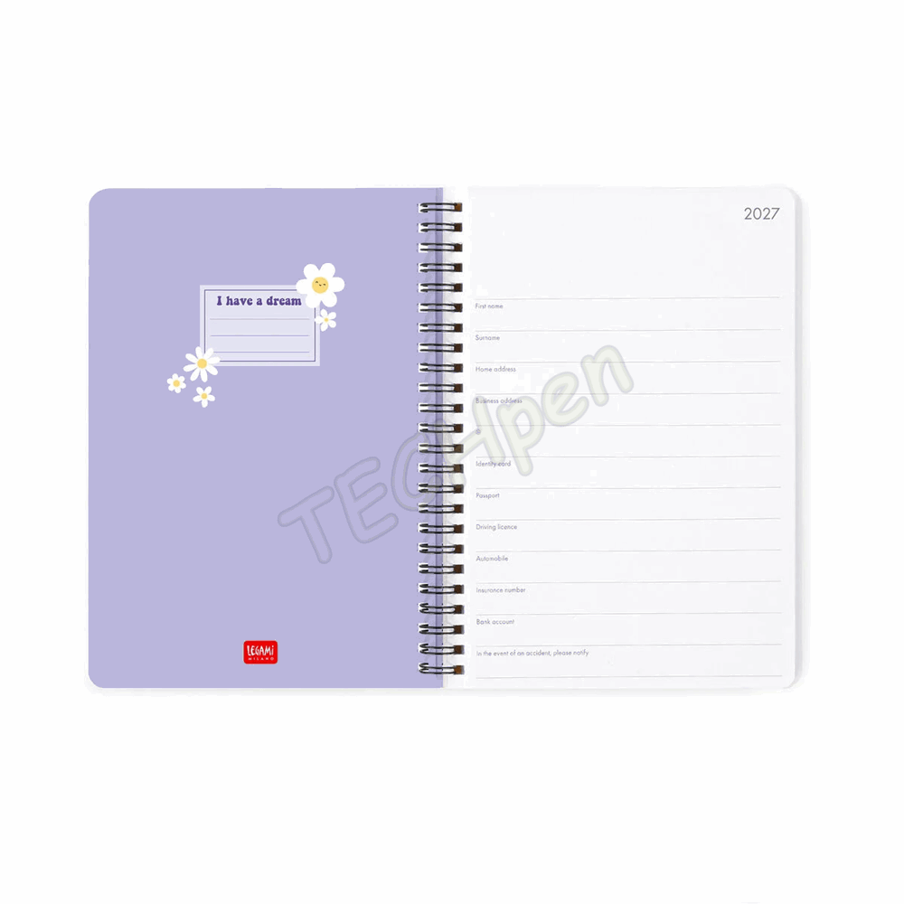 LEGAMI AG2712161 12-MONTH DIARY 2027 - DAISY - LILAC - LARGE - WEEKLY SPIRAL BOUND