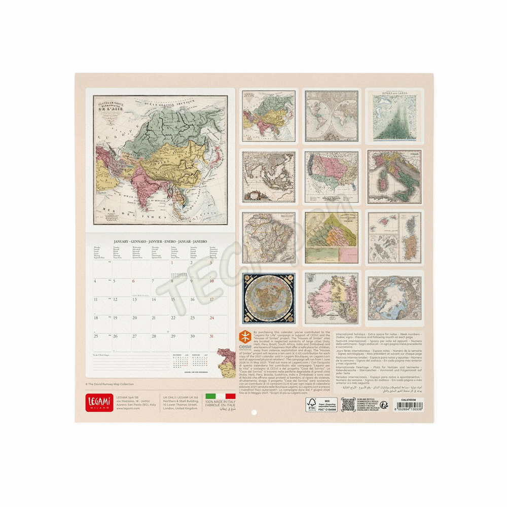 LEGAMI CAL270038 WALL CALENDAR 2027 - VINTAGE - VINTAGE MAPS - 30X29