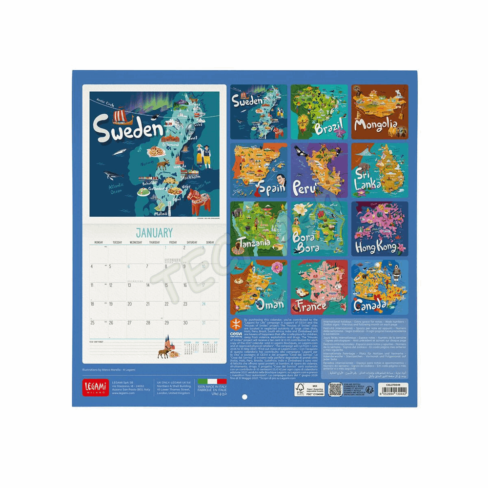 LEGAMI CAL270049 WALL CALENDAR 2027 - AROUND THE WORLD - LETS TRAVEL THE WORLD - 30X29